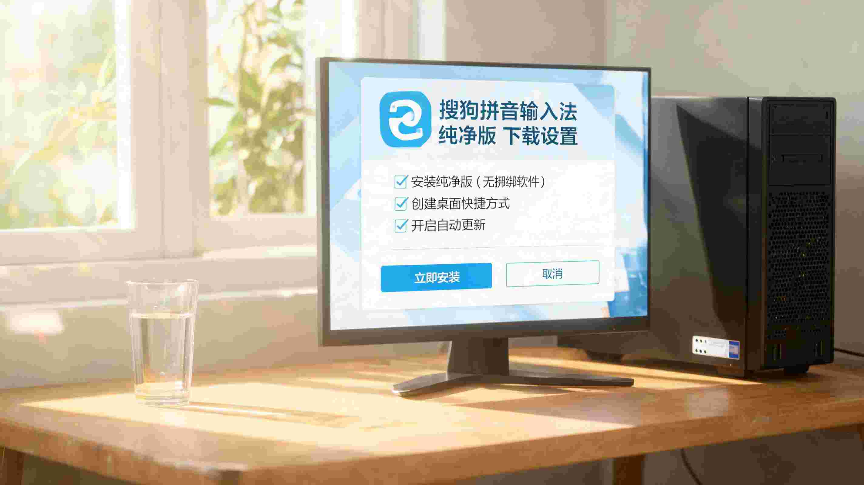 书桌上的主机，屏幕显示搜狗拼音输入法纯净版下载设置界面，桌角放着水杯，自然光