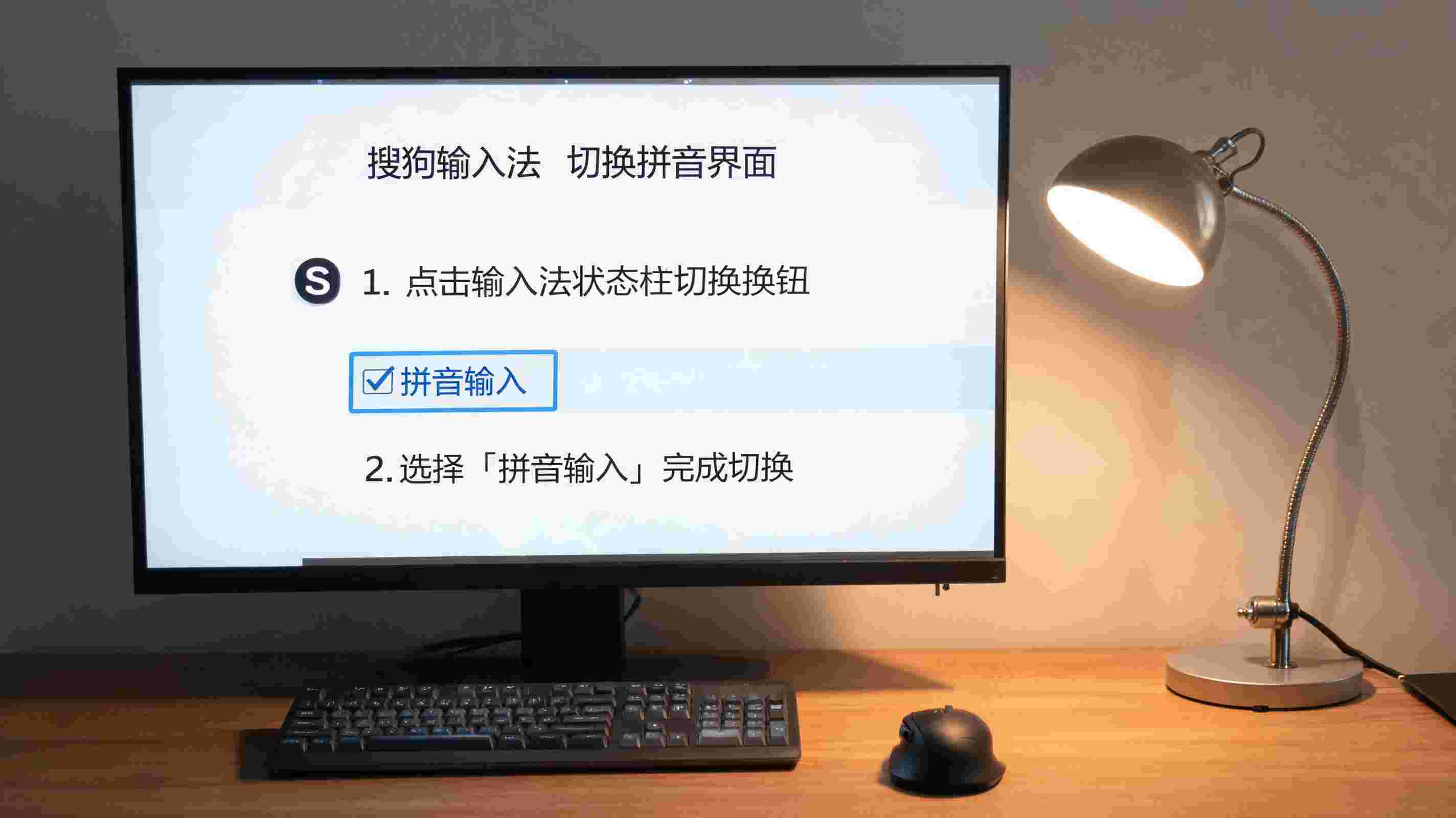 电脑桌上的鼠标，屏幕显示搜狗输入法如何切换拼音界面，旁边放着台灯