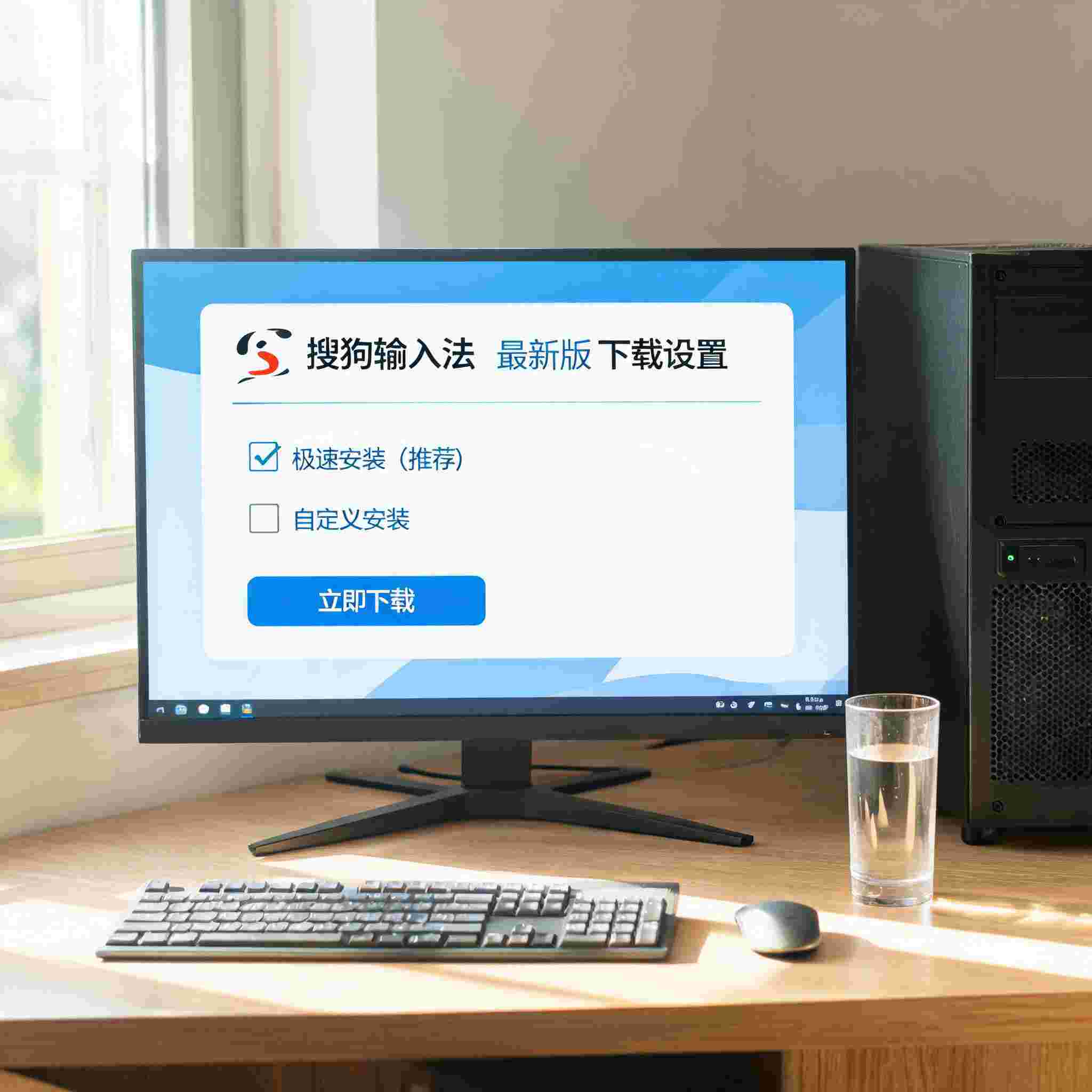 书桌上的主机，屏幕显示搜狗输入法最新版下载设置界面，桌角放着水杯，自然光