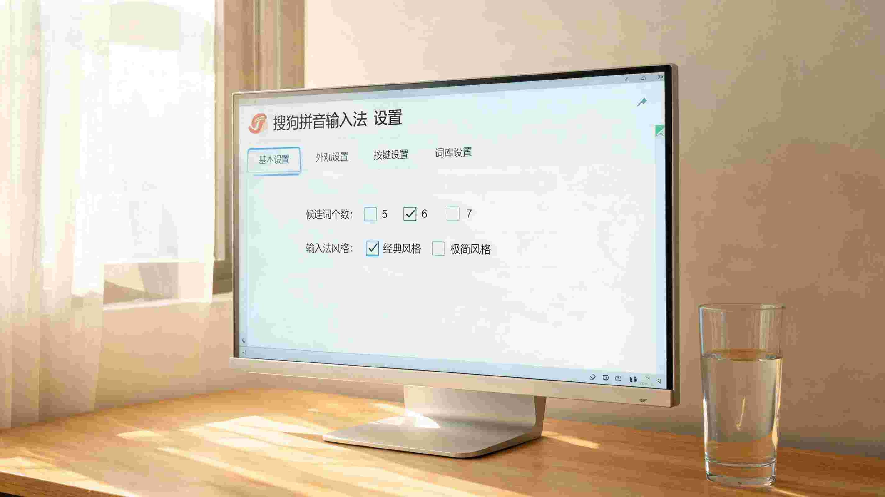 书桌上的屏幕，屏幕显示搜狗拼音输入法怎么设置设置界面，桌角放着水杯，自然光