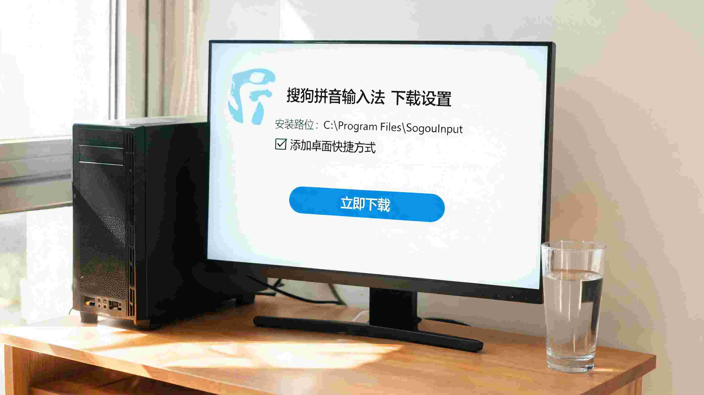 书桌上的主机，屏幕显示搜狗拼音输入法下载设置界面，桌角放着水杯，自然光