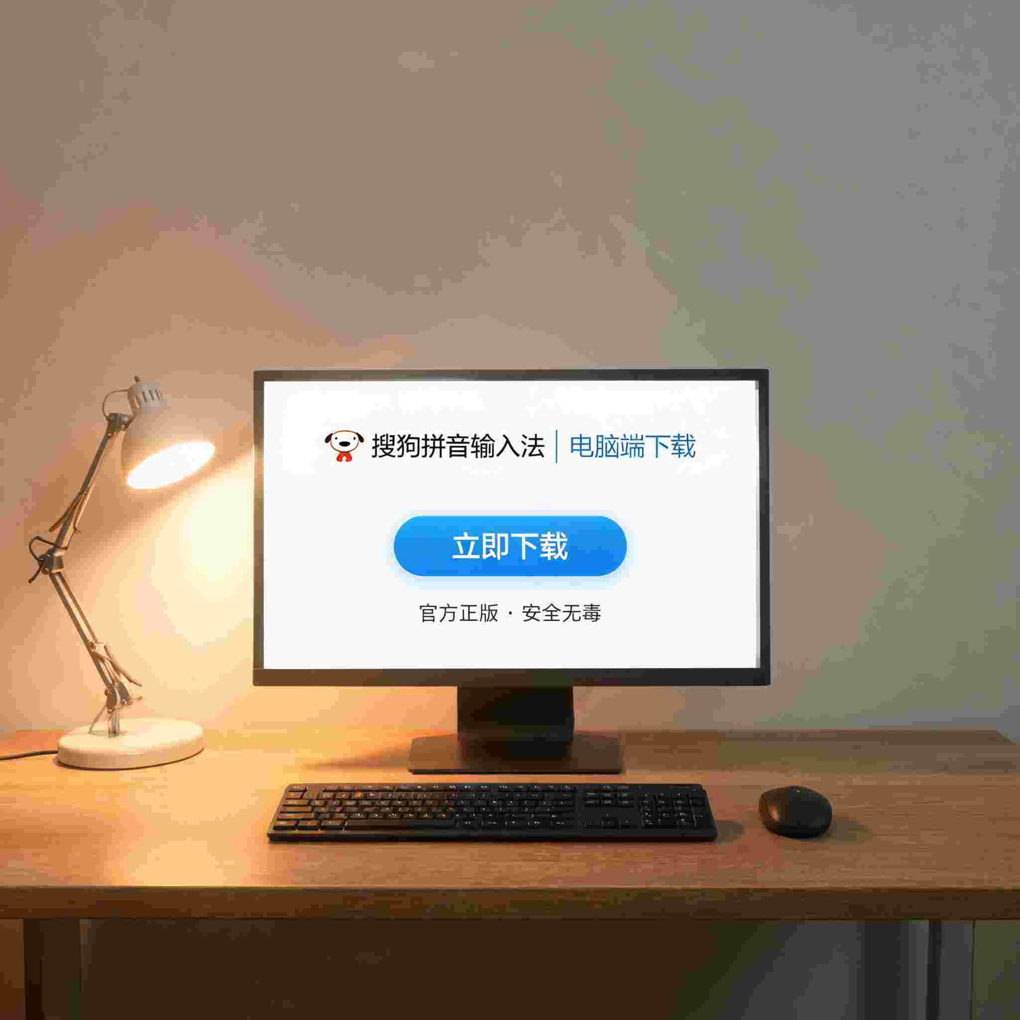 电脑桌上的电脑，屏幕显示搜狗拼音输入法电脑端下载界面，旁边放着台灯