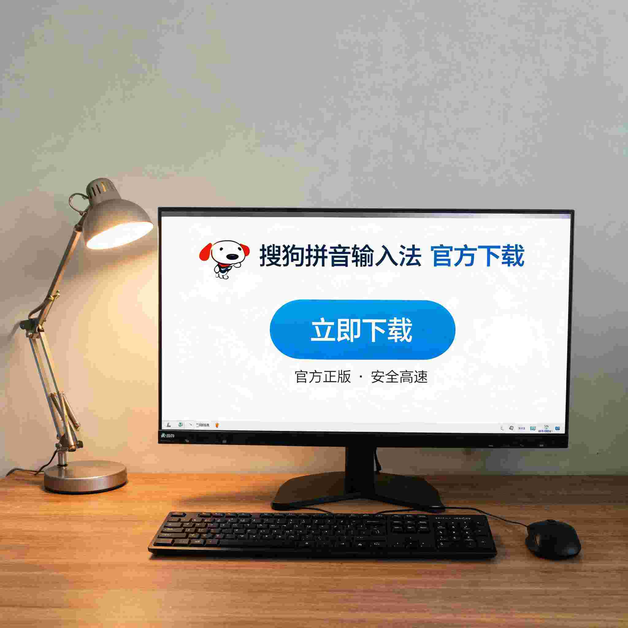 电脑桌上的电脑，屏幕显示搜狗拼音输入法下载界面，旁边放着台灯