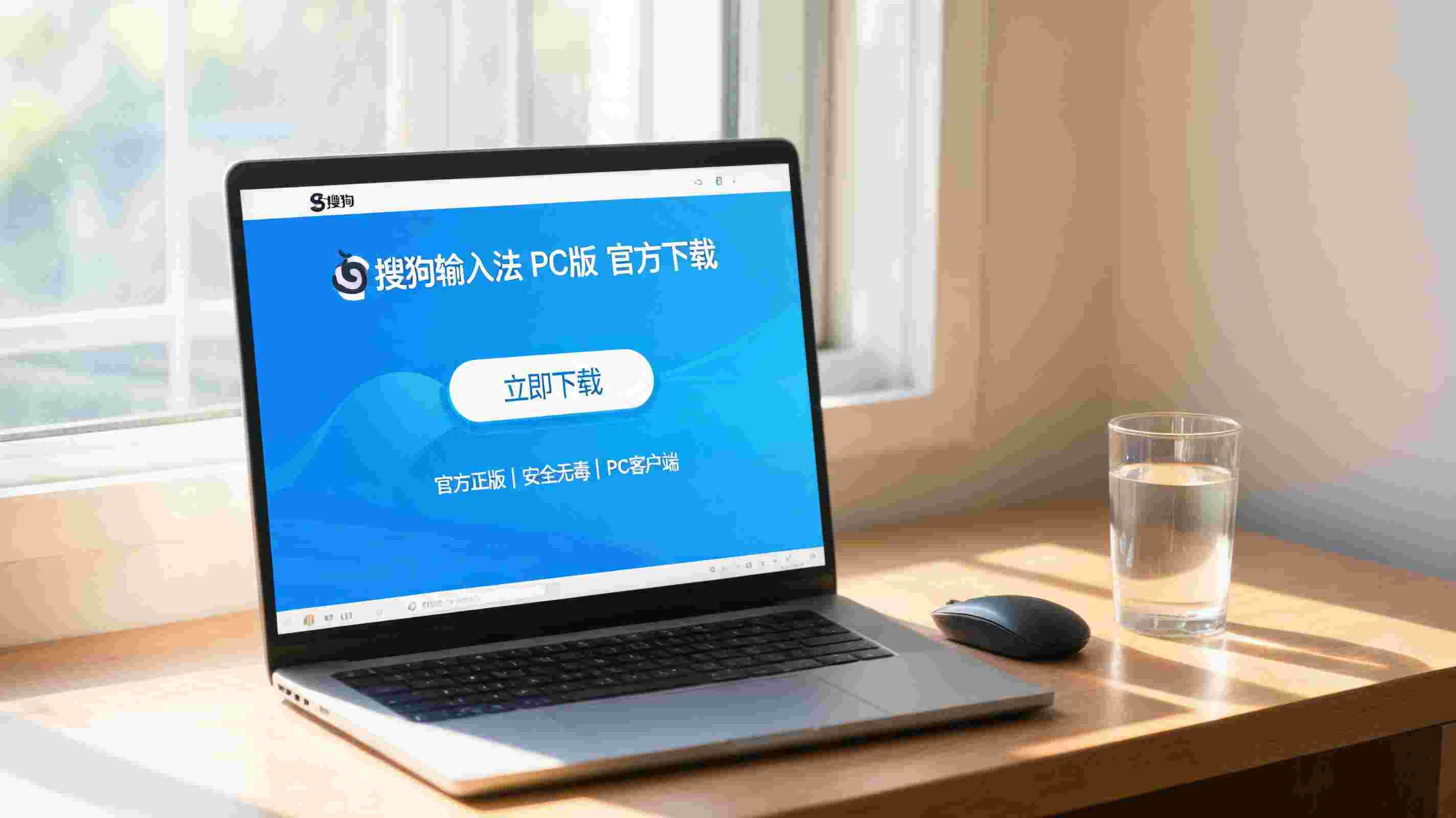 书桌上的电脑，屏幕显示PC 端搜狗输入法官方下载设置界面，桌角放着水杯，自然光