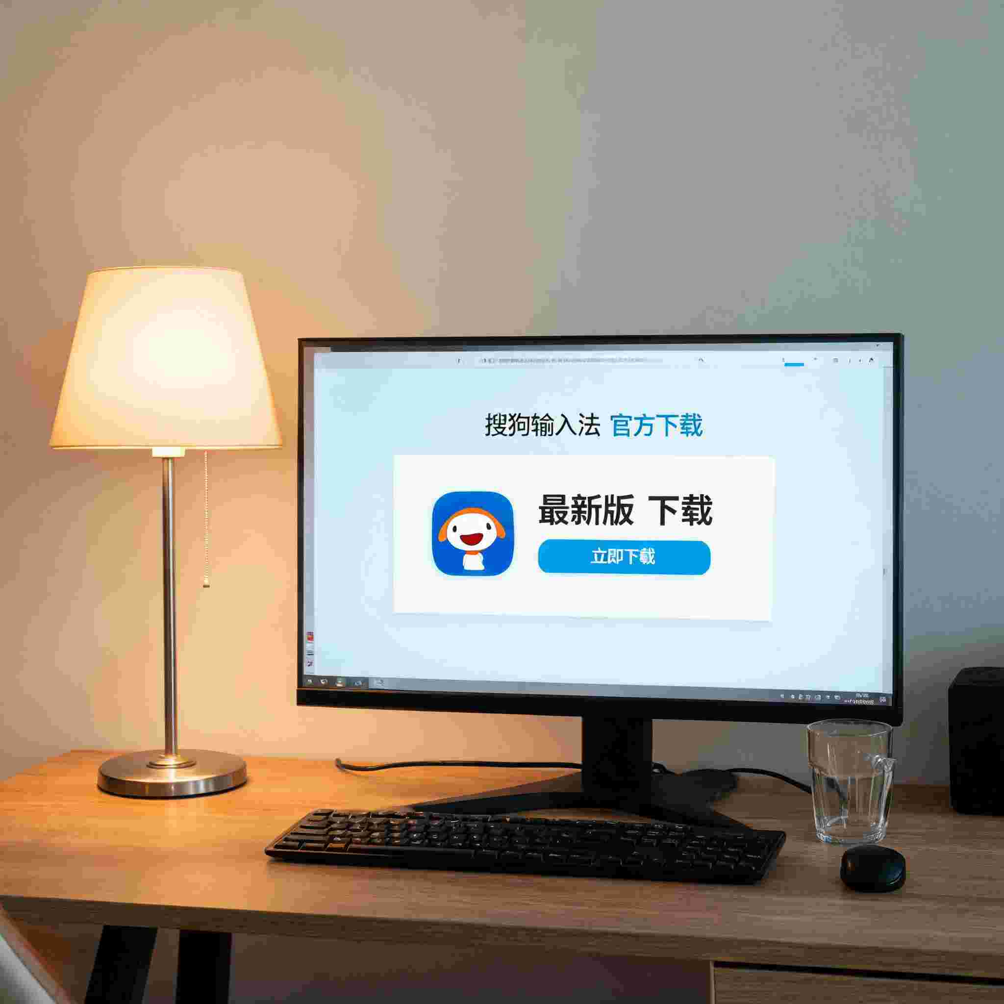 电脑桌上的电脑，屏幕显示搜狗输入法最新版下载桌面，旁边放着台灯