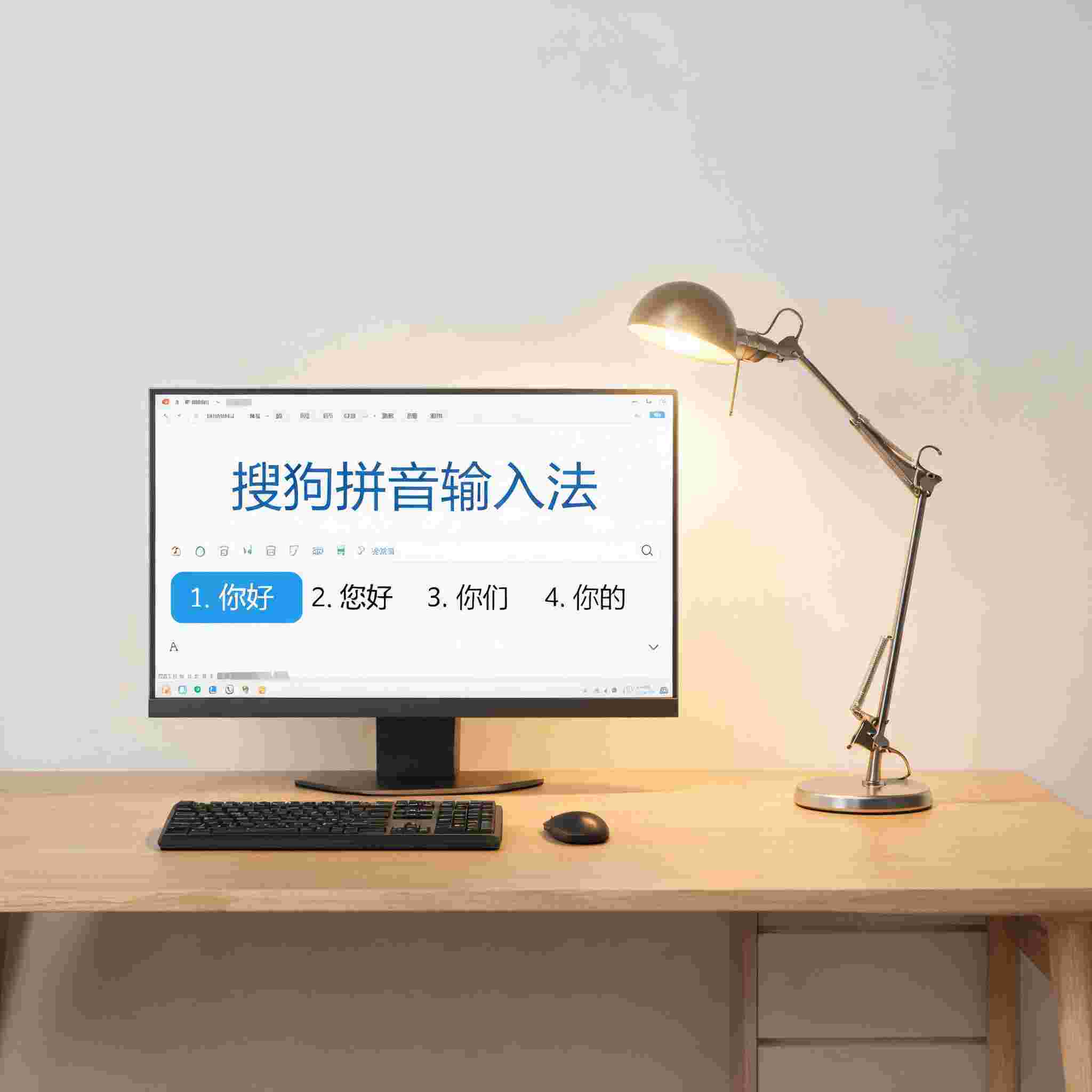 电脑桌上的电脑，屏幕显示搜狗拼音界面，旁边放着台灯