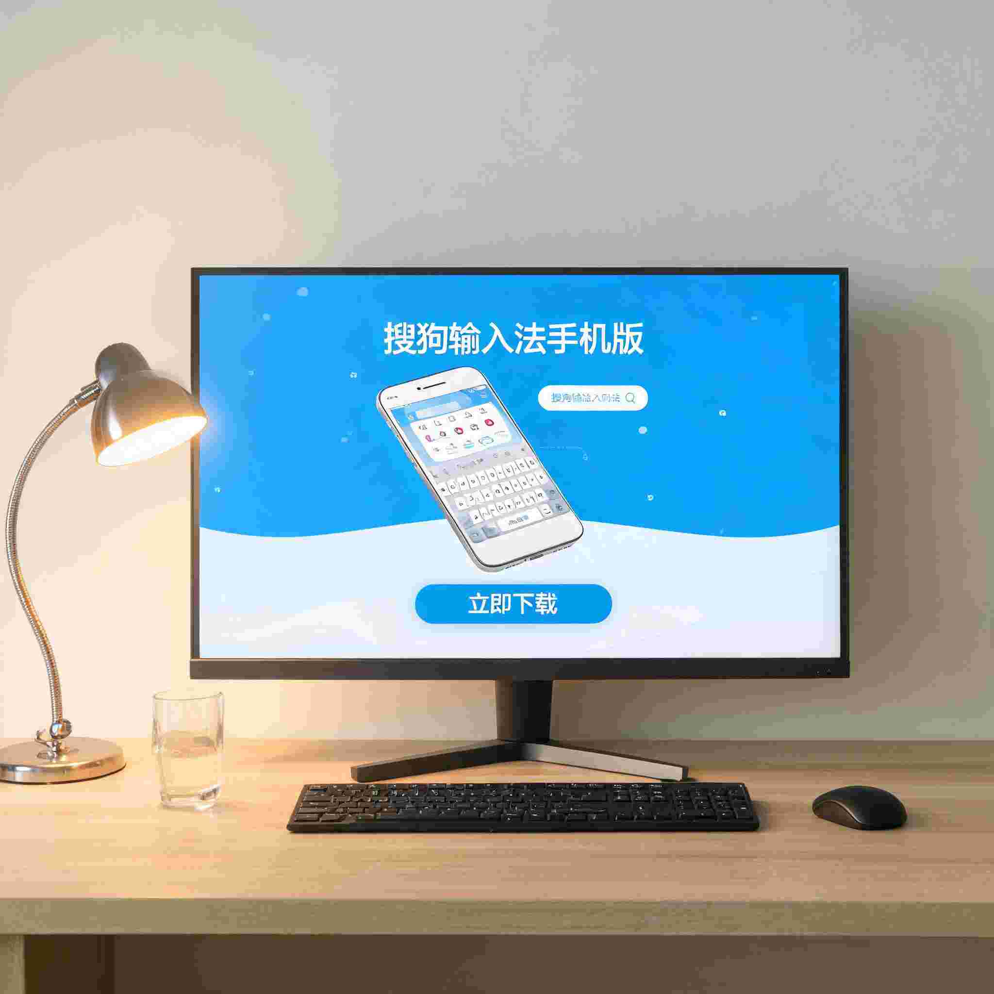 电脑桌上的电脑，屏幕显示搜狗输入法手机版下载界面，旁边放着台灯